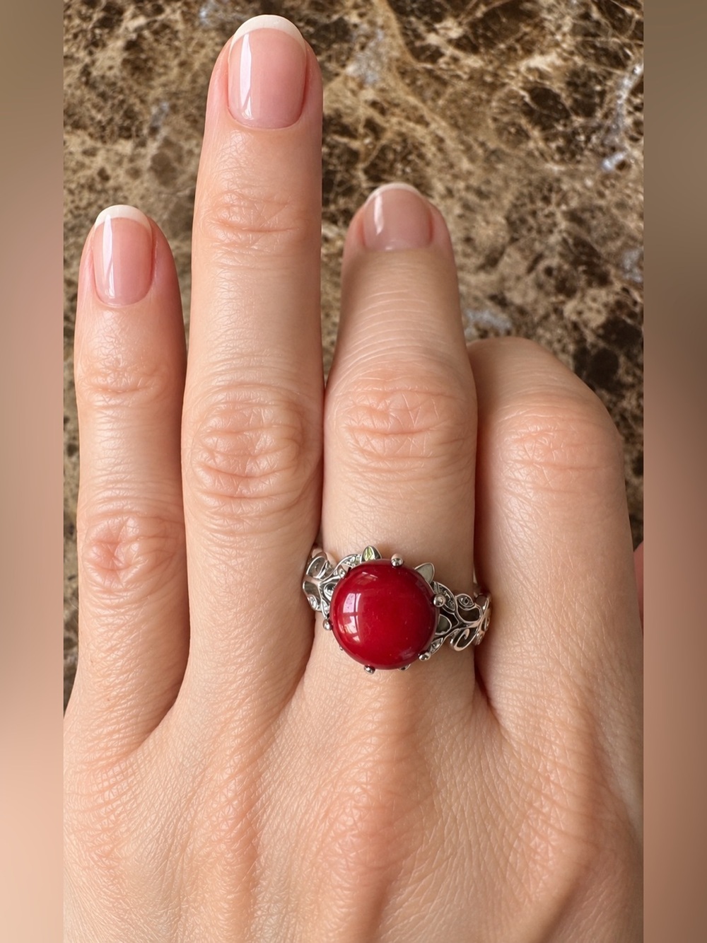 Vintage DK 925 Sterling Silver Red Cabochon Filigree Statement Ring Size 7